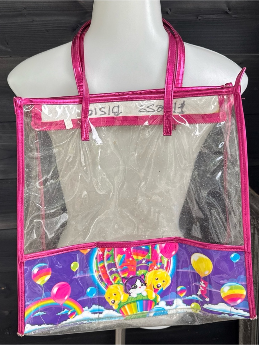 Lisa Frank Balloon Buddies Puppy Kitten Clear Glitter Tote Bag 14” x 14” x 3”